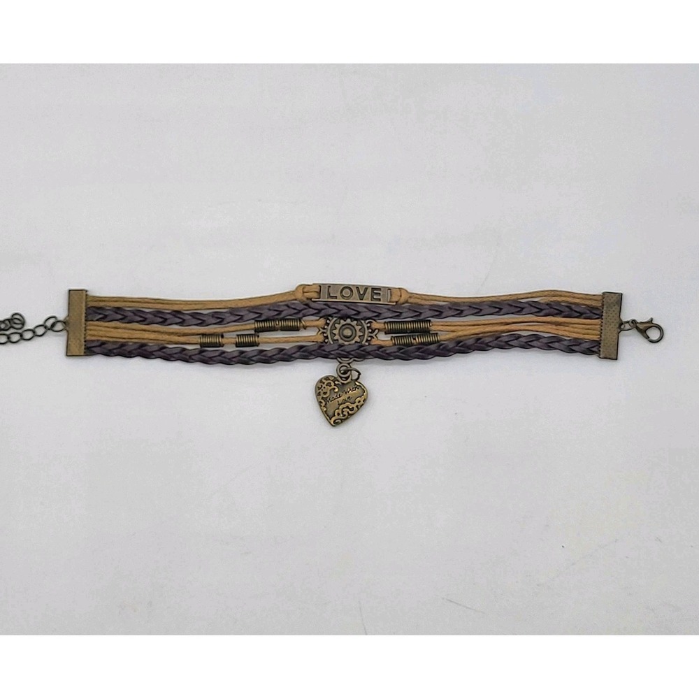 Multi Strand Dark Brown Braided Faux Leather Bracelet With 3 Love Charms